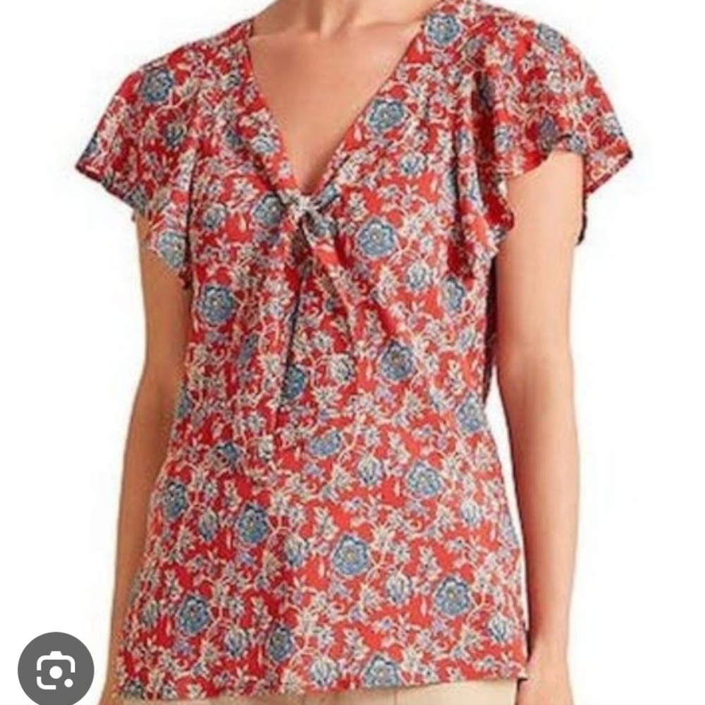 Green Label LAUREN Ralph Lauren Versatile Scarf/Neck Tie Floral Short Sleeve Top - Picture 6 of 6